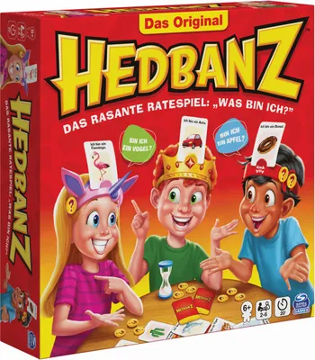 The image shows the front of the Hedbanz board game box, featuring cartoon children playing the game.