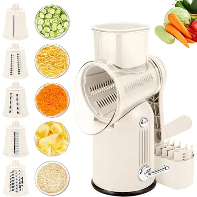 Produktbild von Drehbarer Käsereiber mit Griff, 5 austauschbare Klingen, Gemüseschneider, runder Hobel und Zerkleinerer, geeignet für Obst, Gemüse, Nüsse, inkl
