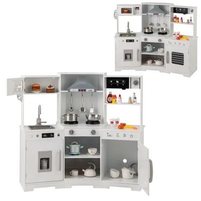 Immagine prodotto di Cucina giocattolo per bambini con luci e suoni. Cucina d'angolo con accessori. Set cucina con lavello, rubinetto, microonde, forno e macchina per il gelato. Cucina giocattolo in legno, colore bianco