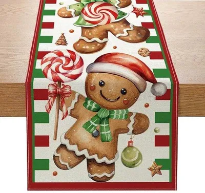 Produktbild von Weihnachtlicher Tischläufer aus Leinen, 33 x 183 cm - Weihnachtlicher Tischläufer - Tischläufer mit Lebkuchenmännchen-Motiv - Tischläufer für Restaurants - Weihnachtsdekoration - Tischläufer mit Muster
