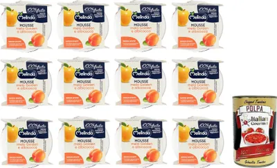 Produktbild von 12x Melinda Mousse Mela Golden e Albicocca,100% Natürliches Fruchtpüree,Goldenes Apfel-Aprikosen-Mousse ( 2 x 100g ) + Italian Gourmet Polpa di Pomodoro 400g Dose