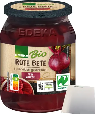 Produktbild von Edeka  Rote Bete in Scheiben geschnitten mit Meersalz und Zwiebeln (330g Glas) + usy Block