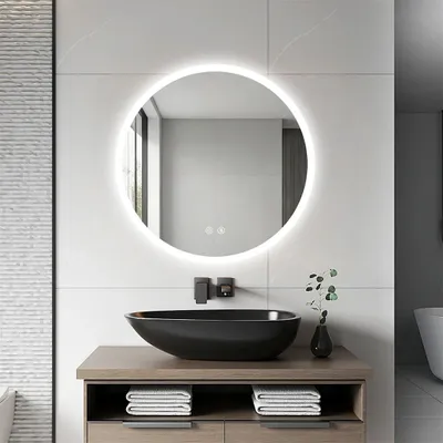 Zdjęcie produktu dla Okrągłe lustro LED do łazienki - lustro ścienne do łazienki o średnicy 60 cm - z podświetleniem - 3-kolorowe, ściemniane oświetlenie - czujnik dotykowy - funkcja anty-mgielna - hartowane szkło - kolor srebrny
