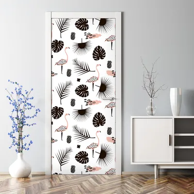 Produktbild von Dekorative Türaufkleber selbstklebend Dekorfolie Türtapete Palmblätter und Flamingos 85 x 200 cm