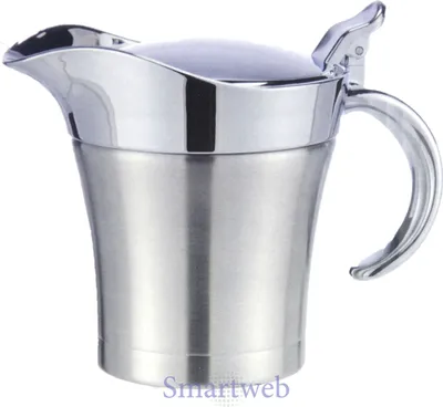 A stainless steel gravy boat with a lid and handle, shown against a white background.