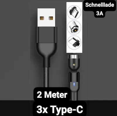 Produktbild von 360°&180°Rotation, Magnetische LED Ladekabel, Datenkabel, USB-C, 3xType , Stecker,  3A, 2 Meter, iPhone 15, Samsung Galaxy, Huawei, Xiaomi,
