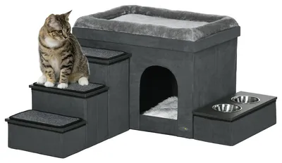 Produktbild von PawHut Katzenhöhle Katzenhütte mit Treppe, Katzenhaus mit 2 Näpfen, Kissen Grau