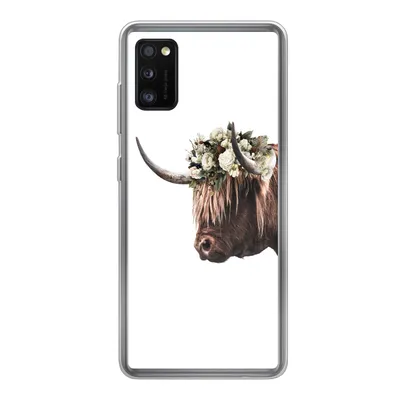 Produktbild von MuchoWow® Handyhülle Schutzhülle Hülle für Samsung Galaxy A41 Schottischer Highlander - Kuh - Rosen Silikon Softcase Handy Hülle - Mobiltelefon