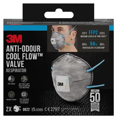 Produktbild von 2 x 2er-Pack 3M™ Cool Flow™ Partikelmaske 9922 FFP2 Geruchshemmend mit Ventil