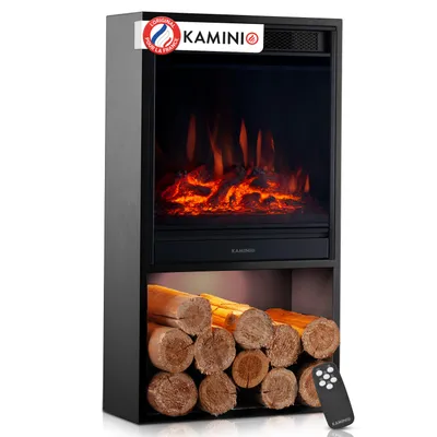 Image de Cheminée électrique KAMINIO HUGO - Poêle électrique avec chauffage, effet flamme 3D, éclairage d'ambiance LED, compartiment à bois, télécommande - Noir