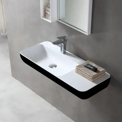 Produktbild von Wandwaschbecken Aufsatzbecken TWG202 - Mineralguss - Schwarz / Weiß matt - 90 x 40 x 12 cm