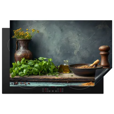 Produktbild von KitchenYeah© Herdabdeckplatte Stilleben - Küche - Kräuter , 81x52cm, Küche Deko, Glaskeramikkochfeld Herdabdeckung, Abdeckplatte fùr Kochfeld