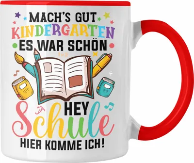 Produktbild von Trendation - Tschüss Kinderkarten Hallo Grundschule Tasse Geschenk zur Einschulung Erster Schultag (Rot)