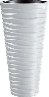 A tall, white planter with a wavy texture and a black rim, isolated on a white background.