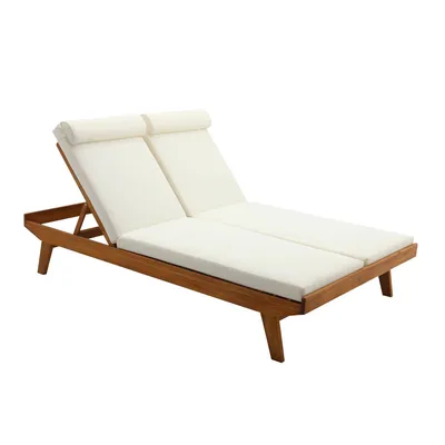 A double chaise lounge with white cushions and a wooden frame, shown from a side-angle against a white background.