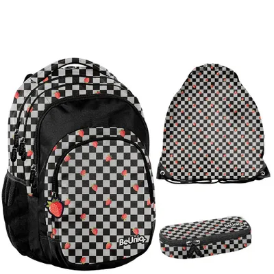 Produktbild von BeUniq Schulrucksack Set 3-teilig kariert für Jugendliche