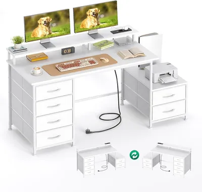 Produktbild von Schreibtisch 132 x 48 cm mit 6 Schubladen und Druckerständer, umkehrbar, mit Monitorständer und Steckdosen, für das Homeoffice, Weiß