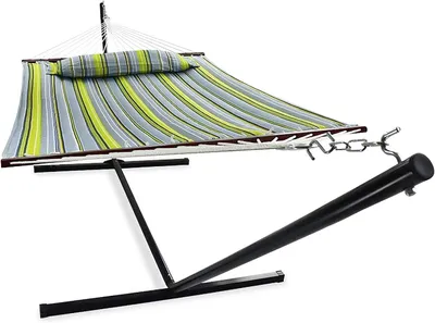 Produktbild von VITA5 Hängematte Outdoor - Hängematte mit Gestell für den Garten, Pool & Balkon - Großzügige Hängematte 2 Personen - Doppelhängematte mit Ständer - 200kg Belastbarkeit (Grün/Blau)