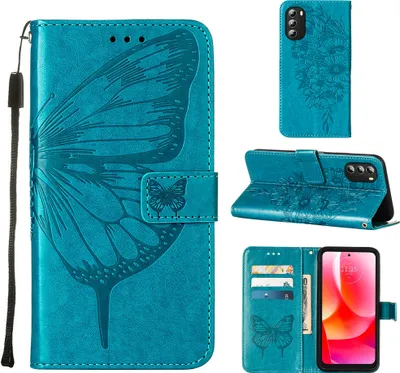Produktbild von Moto G 5G 2022 Hülle, Schmetterling Prägung Flip Leder Kartenfächer Schutzhülle Ledertasche mit Ständer für Motorola Moto G 5G 2022 Blau