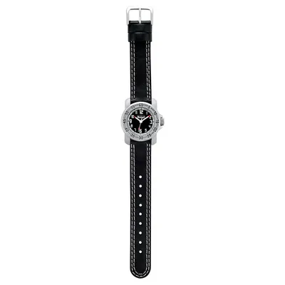 A black analog watch with a silver case and white stitching on the black leather strap, presented on a white background.