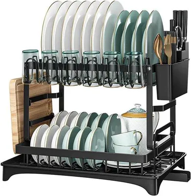 Produktbild von Geschirrgestell - Abtropfgestell für die Küche - Küchenorganisation - Edelstahl, 2 Ebenen - 42x30x29 cm - Schwarz