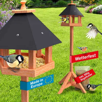 Produktbild von Rellinger® Vogelhaus mit Ständer wetterfest [WETTERFEST & LANGLEBIG] - inkl. 500g Premium Vogelfutter - Futterhaus für Vögel ausem Holz - Sechseck Vogelhäuschen (robust & stabil)