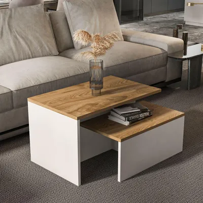 Produktbild von Skye Decor, Hochwertiger Nesting Tisch (2 Teile), Eiche und Weiß, 72 x 42 x 45 cm & 60 x 27 x 35 cm | 100% melaminbeschichtete Spanplatte, 18 mm dick | Modernes Design für Zuhause und Büro.