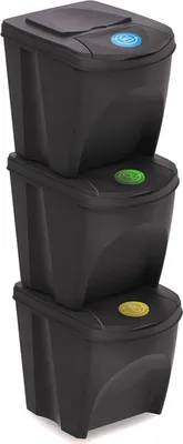 A stack of three black trash cans with colored buttons on top.