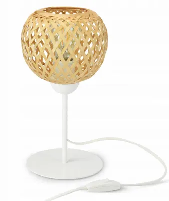 Produktbild von Luxolar Tischlampe LED E27 60W – Boho Nachttischlampe Weiß & Natur – Bambus handgeflochten – Stecker & Schalter – für Schlafzimmer & Wohnzimmer
