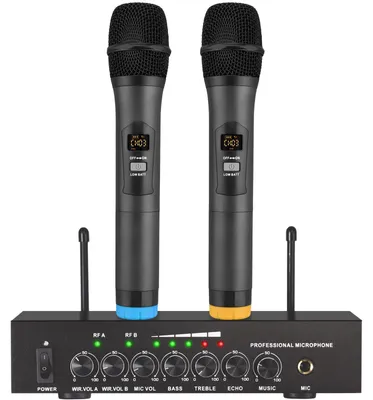 Imagen del producto de Kit de karaoke inalámbrico Bluetooth 4.2 - Canal dual UHF - 2 micrófonos - - Ideal para fiestas y DJs
