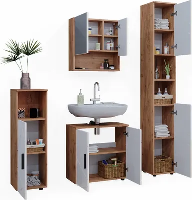 Produktbild von Badmöbel-Set Vicco Irma Weiß Hochglanz/Goldkraft Eiche 4 Teile, mit Hochschrank, Model 40539