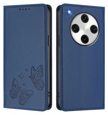 Image de Étui en cuir pour Oppo Find X8 Pro, motif papillon, étui à rabat avec porte-appareil, bleu foncé