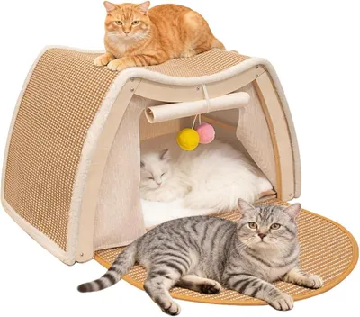 Produktbild von Katzenhaus 3-in-1, Holz und Sisal, 2 Ebenen, mit Spielball, für Innenbereich