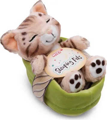 Produktbild von Kuscheltier Sleeping Pets Bengal Katze im hellgrünen Körbchen NICI GREEN