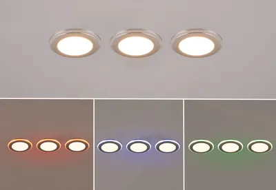 Produktbild von 3er Set LED Einbaustrahler flach Ø 8cm Farbwechsel Fernbedienung dimmbar Chrom