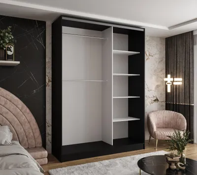 Produktbild von Moderner 2-türiger Kleiderschrank mit Schiebetüren in Schwarz 150x58x250 cm – für Schlafzimmer, Flur und Ankleidezimmer