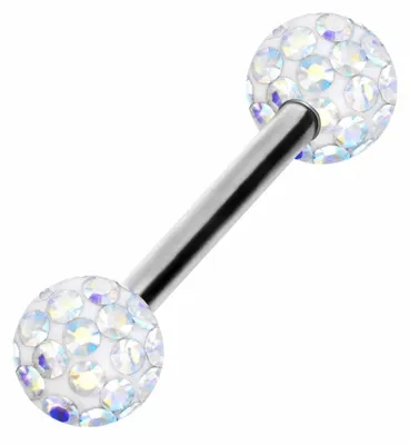 Produktbild von Zungenpiercing, Intim-Piercing Chirurgenstahl Barbell EPOXY-KUGELN Farbe: Silber + Kristall: Regenbogen Stablänge: 16mm