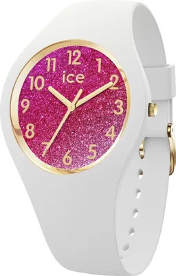 A close-up studio shot of a white Ice-Watch with a glittery pink and gold gradient dial.