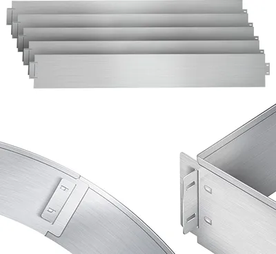 A top-down view of several metal garden edging pieces stacked, and two close-up views of the connectors for curved and straight pieces.