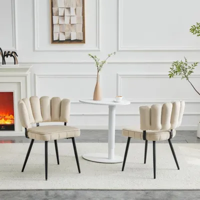 Produktbild von 2er-Set Esszimmerstühle, polsterstuhl mit Blüten-Rückenlehne und Samtbezug, beiger strukturierter Samt + schwarze Metallbeine, 80 cm hoch, Beige