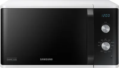 A white Samsung microwave with a black door and control panel is shown against a white background.