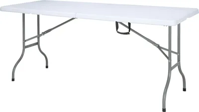 A white folding table with gray metal legs on a white background.