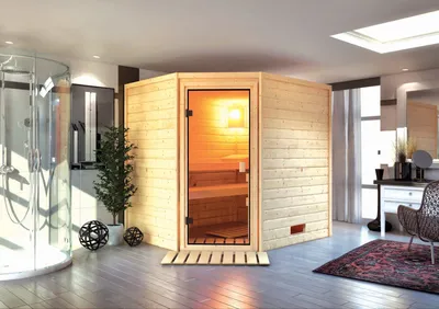 Produktbild von Karibu Sauna Innensauna Elea Eckeinstieg  Ofen 9 kW integr. Strg  196x169x187 cm  ohne Dachkranz
