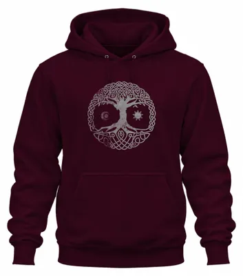 Imagen del producto de Sudadera con capucha, diseño del Árbol de la Vida celta, luna, sol y nudos celtas, color burdeos, talla XXL