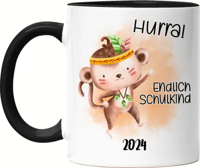 Produktbild von Endlich Schulkind 2024 Affe Tasse Schwarz Einschulungs-Geschenk Erstklässler Schulanfang