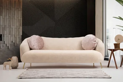 Produktbild von Hanah Home, Bequemer 3-Sitzer Sofa in Beige, 215 x 90 x 80 cm | Buchenholzrahmen, 100% Polyester, Goldene Metallbeine | Inklusive 2 Kissen, Pflegeleicht, Skandinavisches Design.