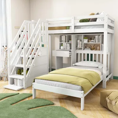 Image de AIORBER Lits superposés, 90 x 200 cm, avec bureau, étagères et espace de rangement, bois de pin robuste, sommier à lattes inclus, Lit d'enfant multifonctionnel, Blanc