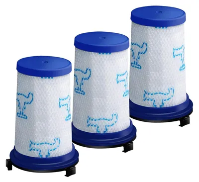 Three vacuum cleaner filters are arranged in a group against a white background.