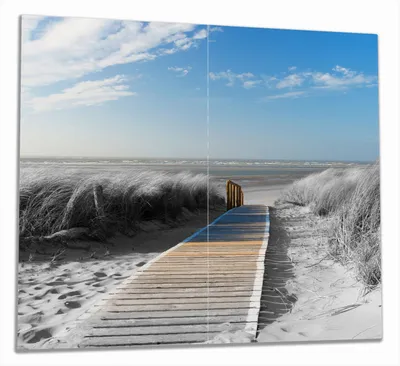 Produktbild von Wallario Herdabdeckplatte aus Glas, Größe 60 x 52 cm 2-teilig, Motiv Auf dem Holzweg zum Strand in schwarz-weiß Optik