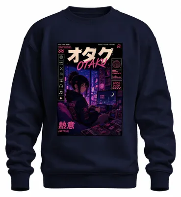 Obrázek produktu pro Mikina s potiskem "Otaku Netsui", motiv: anime dívka, Japonsko, styl Y2K, vaporwave, barva: tmavě modrá, velikost: L